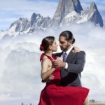 Blue sky over argentine couple dancing tango in Patagonia