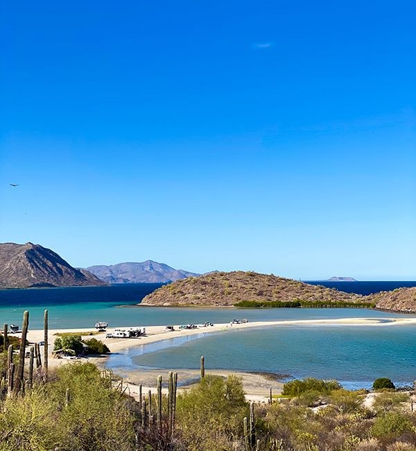 Im Vordergrund sind Kakteen, dahinter ein Strand und mehrere Inseln, umgeben von einem Meer
